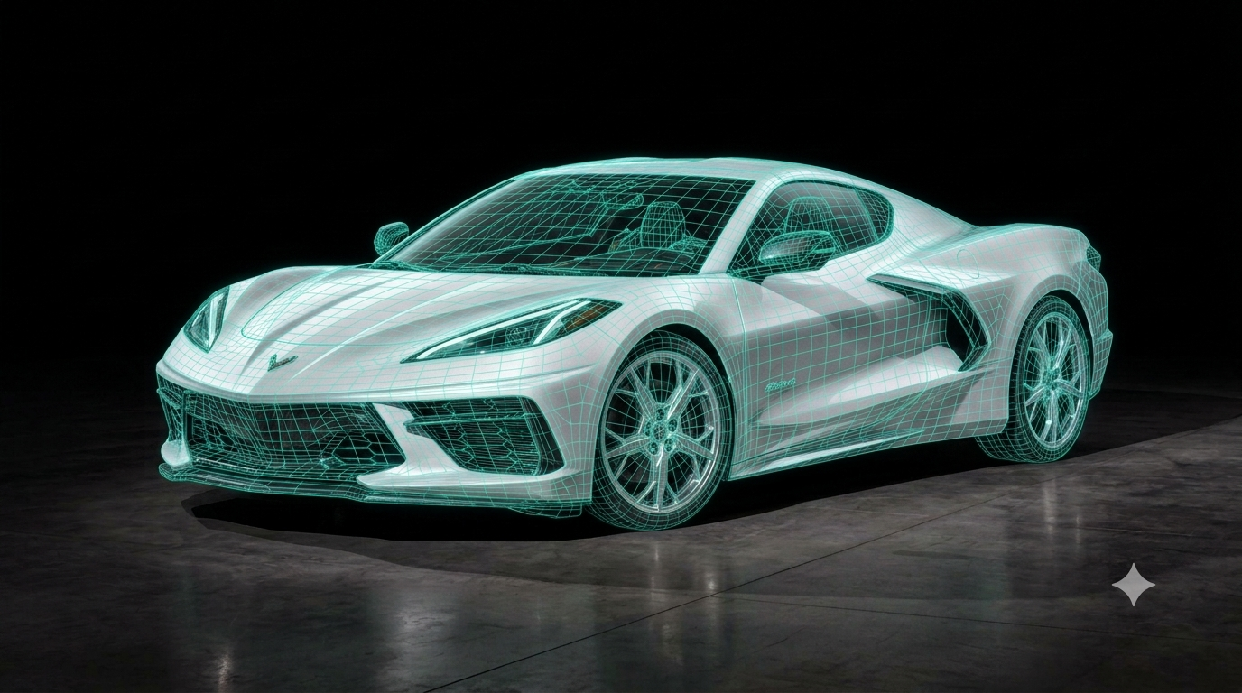 C8 Corvette Stingray with teal 3D scan wireframe overlay